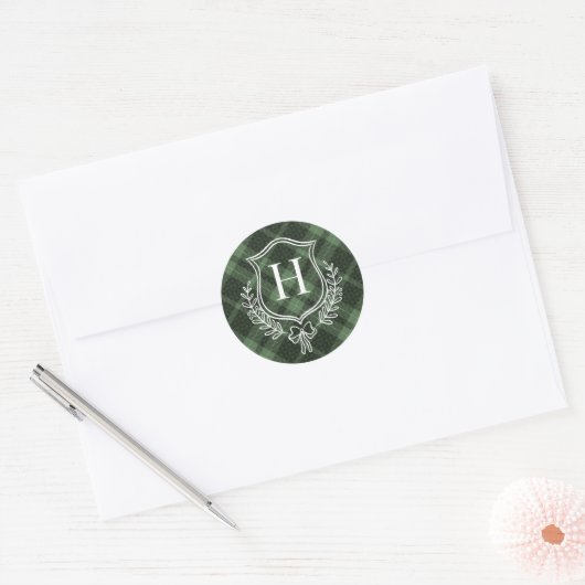 Sticker Rond Monogramme vert Plaid Noël initial (Enveloppe)