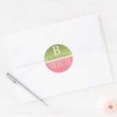 Sticker Rond Monogramme Vert Rose Mariage Enregistrer La Date (Enveloppe)