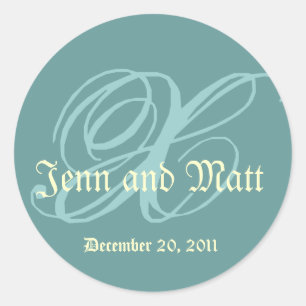Sticker Rond Monogramme X Noms du Mariage Date Blue Cream Seal