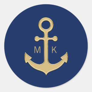 Sticker Rond MONOGRAMMES DE Mariage d'Ancre d'or bleu marine