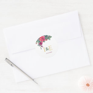 Sticker Rond Monogrammes de mariage floraux de Noël rose
