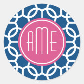 Sticker Rond Monogrammes de Motif géométrique rose et bleu chau (Devant)