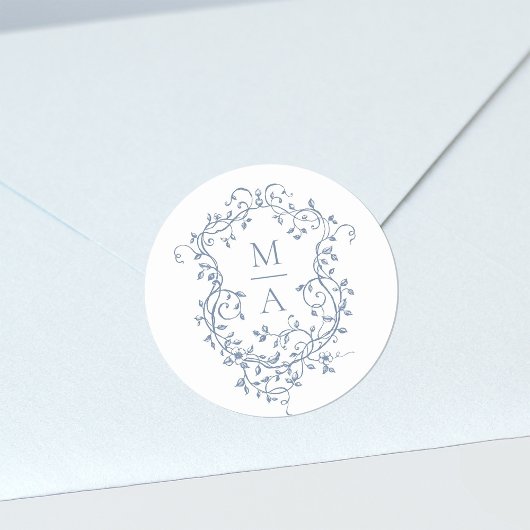 Sticker Rond Monogrammes de poitrine florale Bleu Élégant