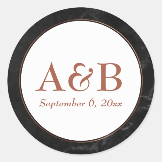 Sticker Rond Monogrammes en cuivre et date sur le marbre noir (Devant)