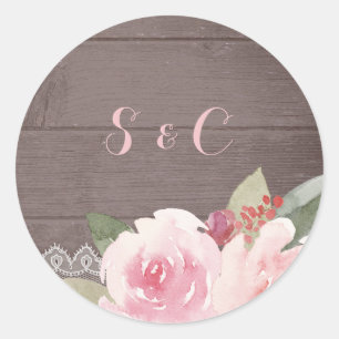 Sticker Rond Monographie de mariage de dentelle fleurie rustiqu