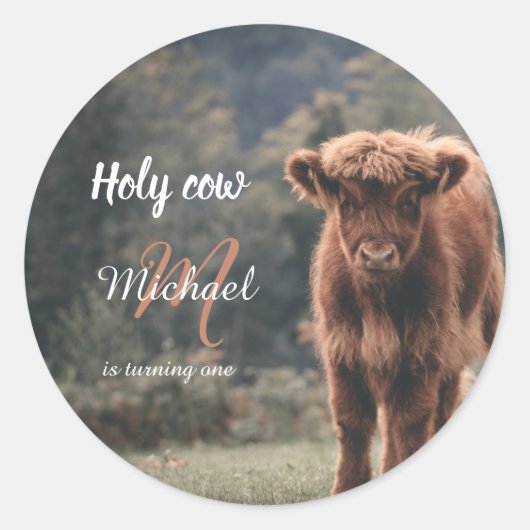Sticker Rond Monographie de veau de vache Highland premier anni (Devant)