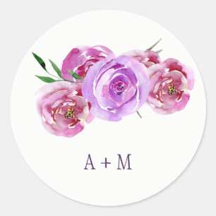 Sticker Rond Monographie mariage de violet prune blush peoney