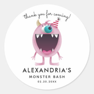 Sticker Rond Monster Anniversaire fête rose Faveur