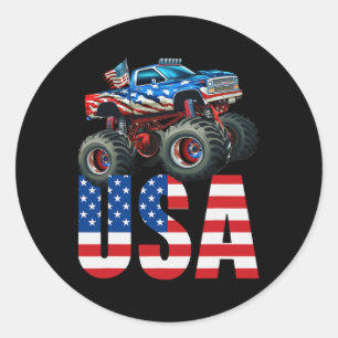 Sticker Rond Monster Truck American Flag 4 juillet Usa Racing F
