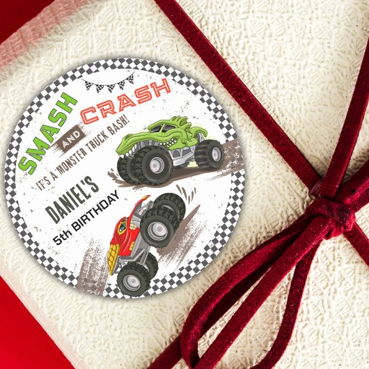 Sticker Rond Monster truck bash cool modern cute 5th birthday 