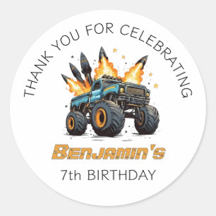 Sticker Rond Monster Truck Boys Merci Anniversaire Célébration