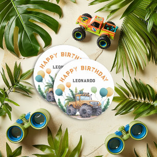 Sticker Rond Monster Truck Jungle Safari Joyeux anniversaire