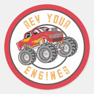 Sticker Rond Monster Truck Rev Vos Moteurs Anniversaire Fête