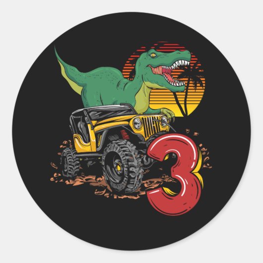 Sticker Rond Monster Trucks Dinosaur T-Rex 3e anniversaire garç (Devant)