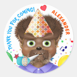 Sticker Rond Monster Wolf Boy fête d'anniversaire   MERCI