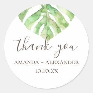 Sticker Rond Monstera. Watercolor tropical mariage merci