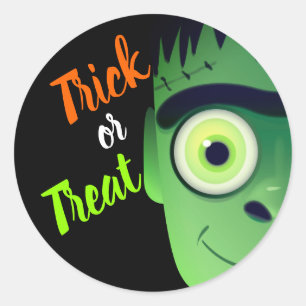 Sticker Rond Monstre de Frankenstein Halloween Farce ou Friandi