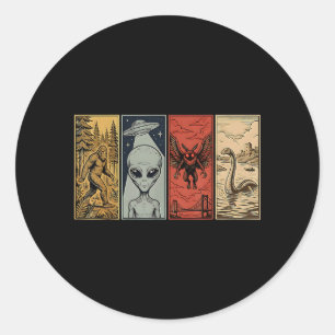 Sticker Rond Monstre rétro loch ness mothman bigfoot alien