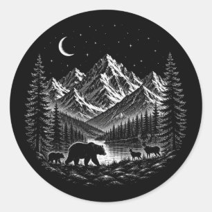 Sticker Rond Montagne Mystique Nuit de Style Linogravure Sauvag