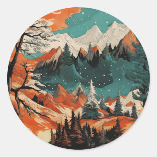 Sticker Rond Montagnes et étoiles