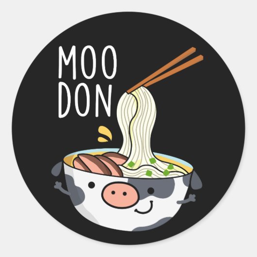 Sticker Rond Moo-don Funny Udon Pun Fond sombre (Devant)