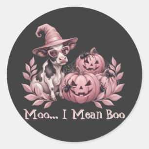 Sticker Rond Moo je veux dire Boo Sorcière Vaches Citrouilles R