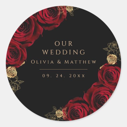 Sticker Rond Moody Black Burgundy Roses Wedding (Devant)