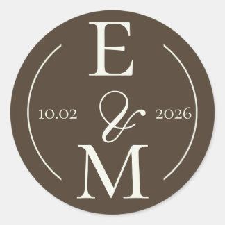 Sticker Rond Moody Coffee Ivory Monogram Date Wedding