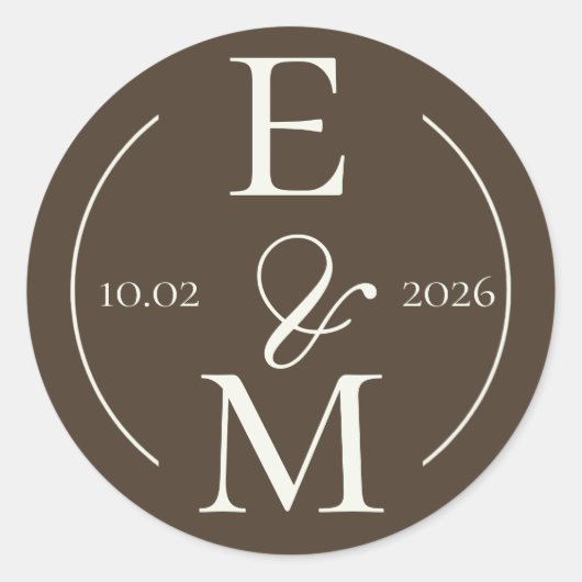 Sticker Rond Moody Coffee Ivory Monogram Date Wedding (Devant)