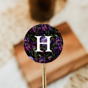 Sticker Rond Moody Gothique Purple Floral Mariage Monogramme