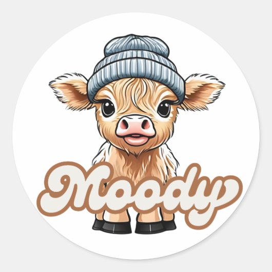 Sticker rond Moody Highland Cow (Devant)