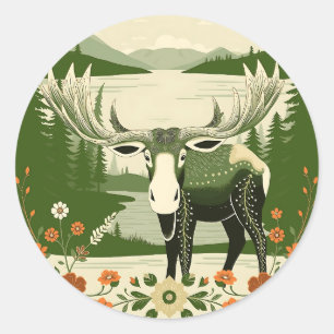 Sticker Rond Moose nordique aux motifs floraux