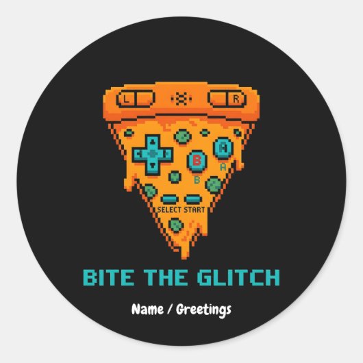 Sticker Rond Mords le Bug Retro Pizza Gamer Pixel 8 Bits (Devant)