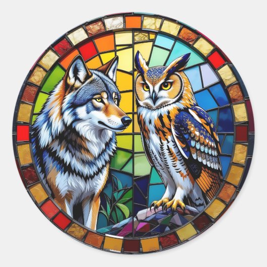Sticker Rond Mosaic Wolf and Owl Vibrant Art (Devant)