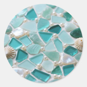 Sticker Rond Mosaïque de verre de mer Charme côtier turquoise