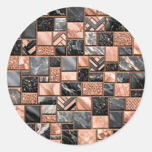 Sticker Rond Mosaïque Marbre Noir Or Rose