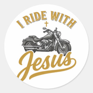 Sticker Rond Motard Chrétien Je Roule Avec Jésus Vintage Moto