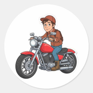 Sticker Rond Motard de dessin animé chevauchant une moto 