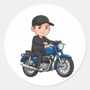 Sticker Rond 🏍️ Motard de dessin animé rétro Moto classique am