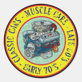 STICKER ROND MOTEUR RETRO STYLE CARTOON CLASSIQUE V-8