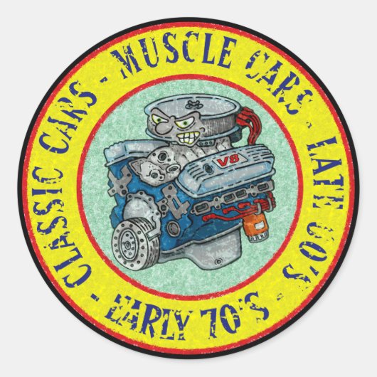 STICKER ROND MOTEUR RETRO STYLE CARTOON CLASSIQUE V-8 (Devant)