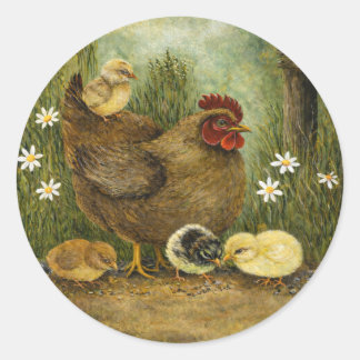 Sticker Rond Mother Hen with Chicks Feeding on Sunflower Seeds 