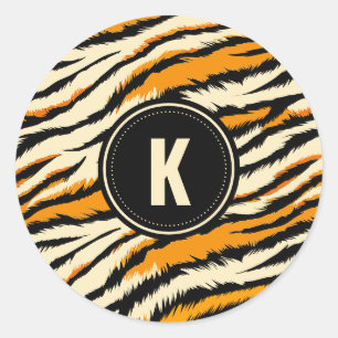 Sticker Rond Motif à rayures de tigre orange noir en monogramme