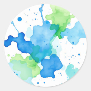 Sticker Rond Motif Abstrait Aquarelle Bleu Vert