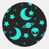 Sticker Rond Motif Alien turquoise avec étoiles et lunes (Devant)