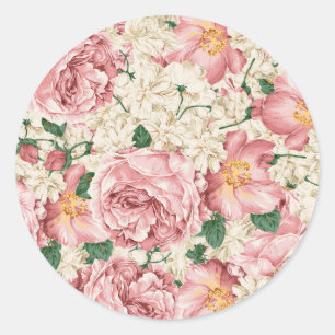 Sticker Rond Motif aquarelle vintage rose et hydrangea