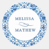 Sticker Rond Motif bleu et blanc moderne mariée et Mariage de c (Devant)