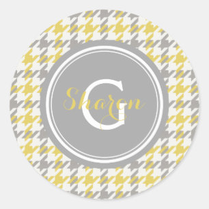 Sticker Rond Motif carreaux pied de poule jaune et gris rétro