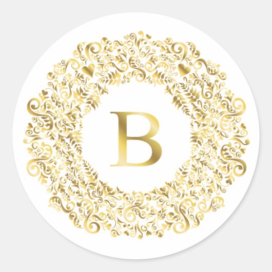 Sticker Rond Motif Classique en Damas doré Initial B (Devant)
