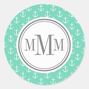 Sticker Rond Motif d'Ancre blanc de la menthe Monogram Trio